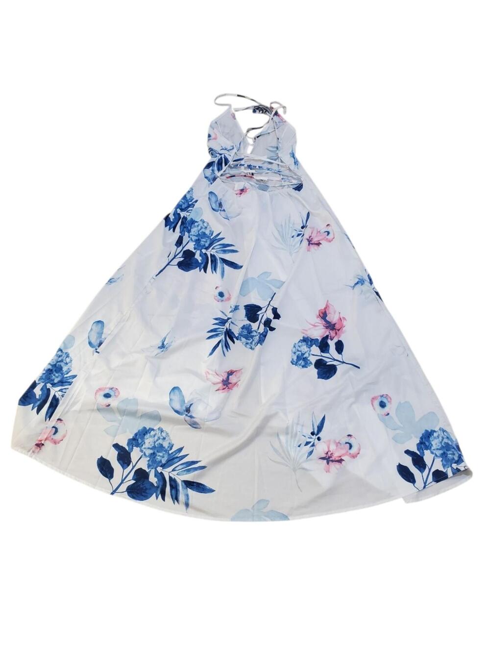 White Floral Maxi Dress Spaghetti Strap Halter Neck Criss Cross Back Slit - Picture 5 of 8